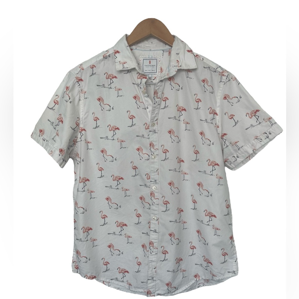 Men’s Cactus Man Flamingo Short Sleeve Button Down Shirt - Size L